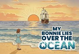 海面与远方情境图。讲《My Bonnie》时，可从苏格兰民歌、海面摆动和歌唱线条切入。